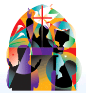 Stylized clip art of people in worship